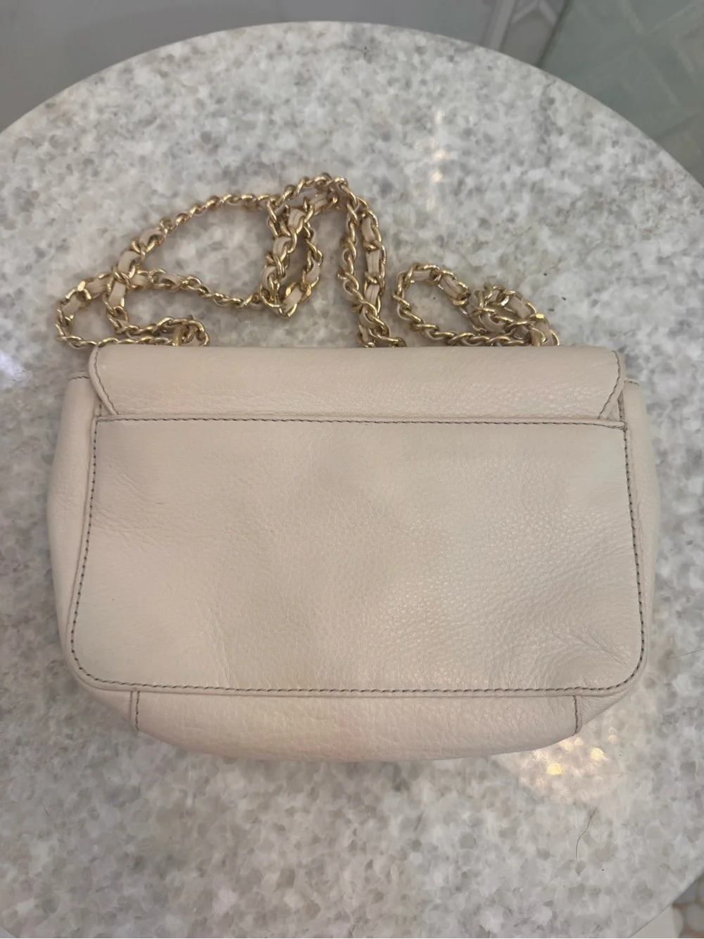 Tory Burch Light Cream Pebbled Leather Crossbody with Gold Logo Chain